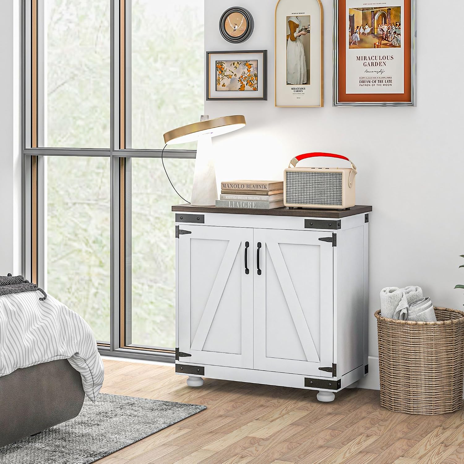 Farmhouse Kitchen Pantry, White Sideboard Buffet Cabinet with Barn Door and Adjustable Shelf, Wood Legs, Easy to Maintain, for Dining Room