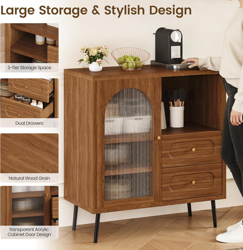 Wood Sideboard Cabinet - Slim Side Board Buffet Cabinet with Storage, Small Accent Credenza with Drawers and Door, Modern Coffee Bar Table for Kitchen, Dining Room, Entryway, Living Room