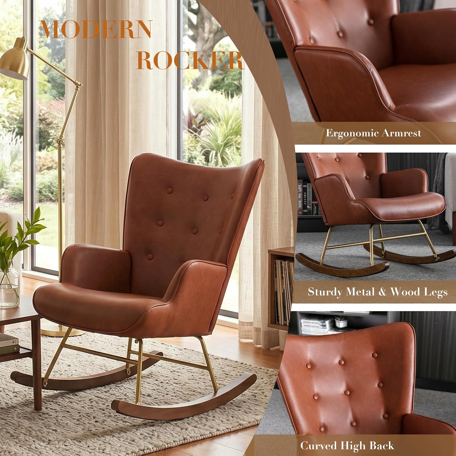 CIMOTA Nursery Rocking Chair, Faux Leather Upholstered Glider Chair with High Wingback, Nursery Rocker with Solid Wood & Metal Frame, Comfy Lounge Accent Chair for Living Room/Bedroom/Nursery, Brown