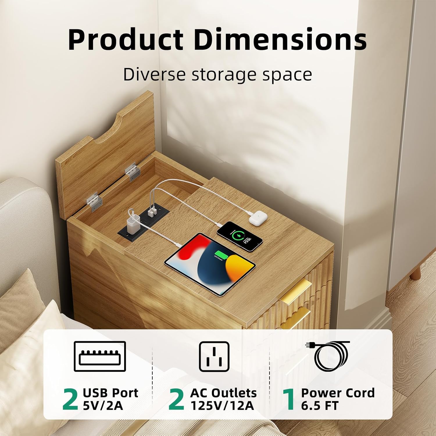 Kalrin Charging Nightstand with Hidden Outlets & 3 Drawers, Modern End Table, Bedside Table with USB Ports, Wave Groove Design, Compact Size, Heavy Duty Engineered Wood, Natural Wood Color
