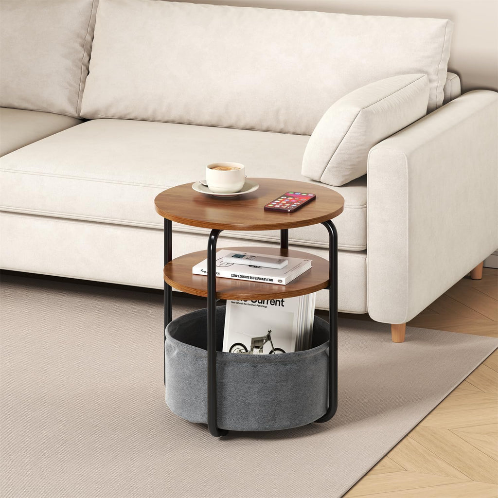 GarveeHome Small Side Table for Small Spaces with Storage Basket, Round End Table 3-Tier Nightstand 23.6" h Vintage Sofa Corner Table for Living Room, Bedroom, Patio Nursery, Bathroom