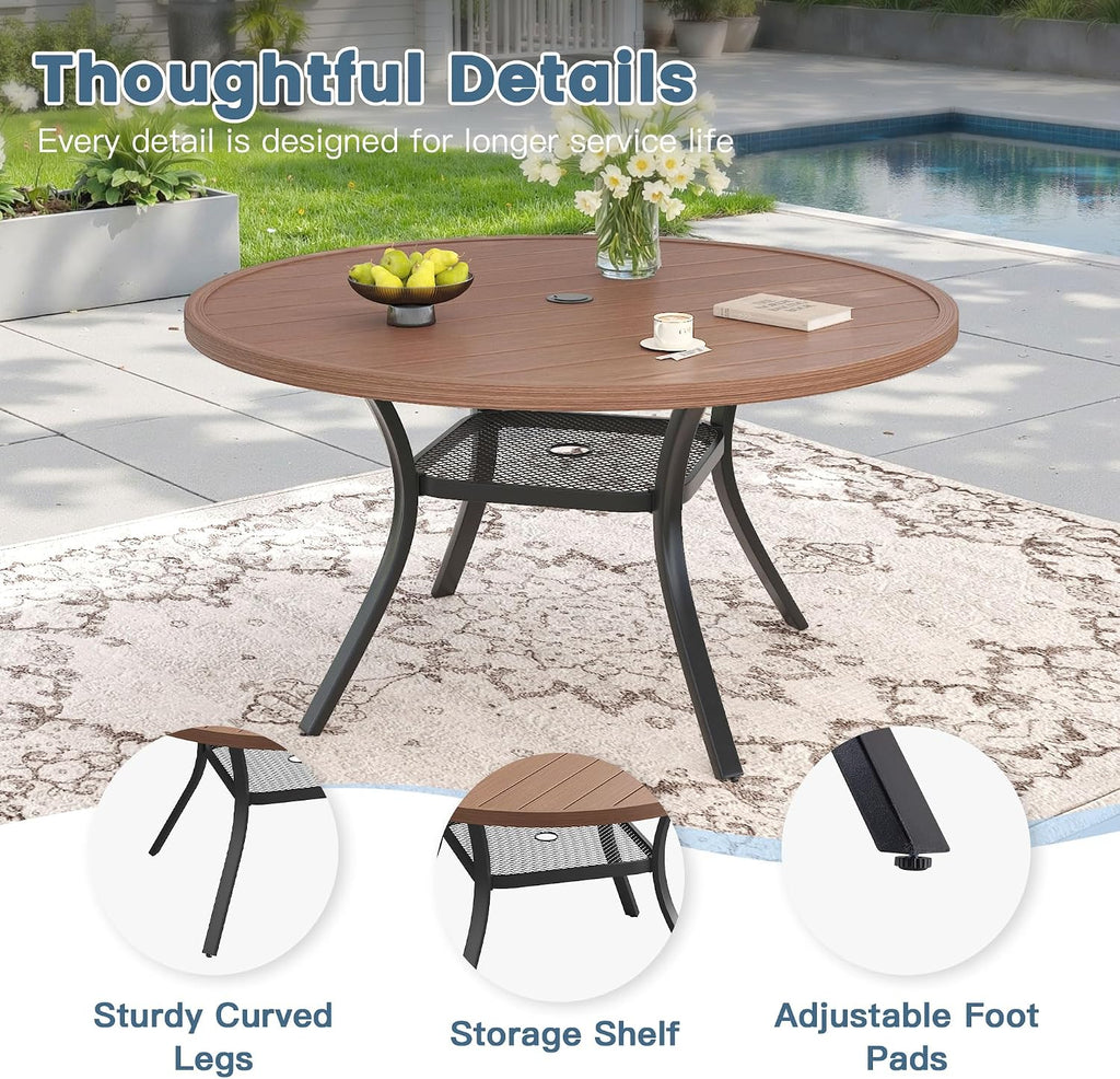 DIFY 48" Round Patio Dining Table for 6, All Weather Round Outdoor Metal Dining Table with 1.57" Umbrella Hole, Perfect for Backyard Lawn Garden, Walnut