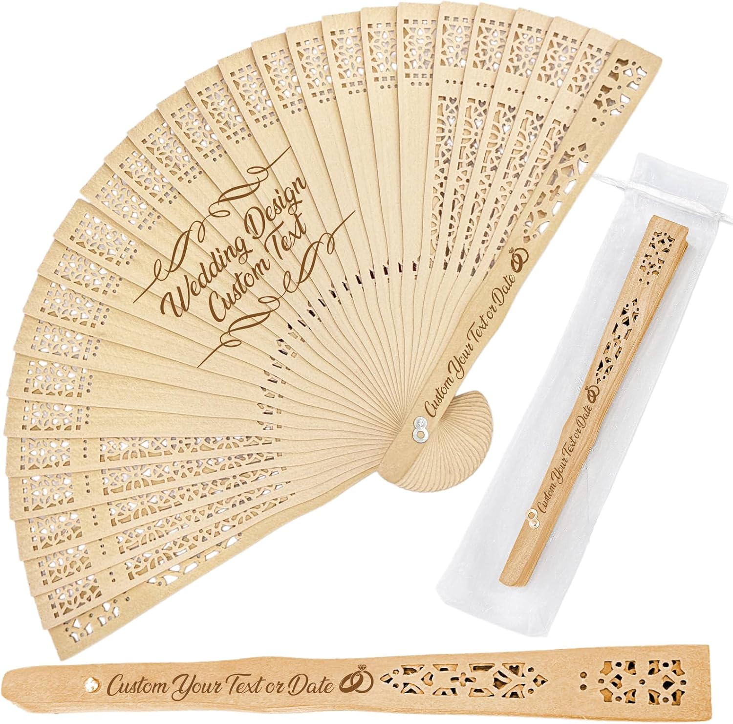 Personalized Wedding Fans For Guests Bulk Custom Wooden Folding Hand Fans With Organza Bags For Wedding Party Baby Shower Graduation