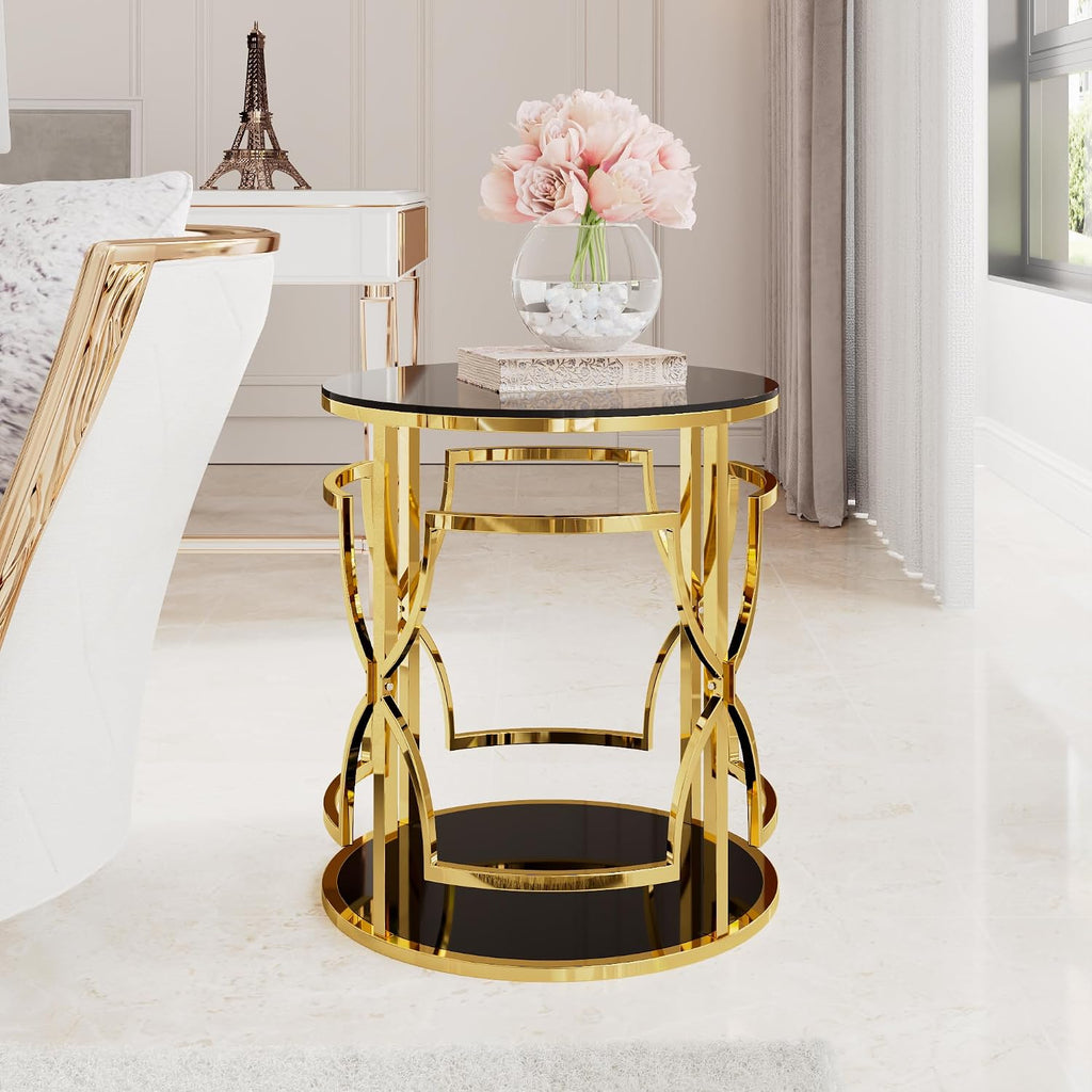 Merax 19.7" Round Gold Metal Side Table with Tempered Glass Top & 2-Tier Storage Shelf, Modern Coffee Table Glam End Table for Living Room, Bedroom, Sofa Side, Small Space, Black