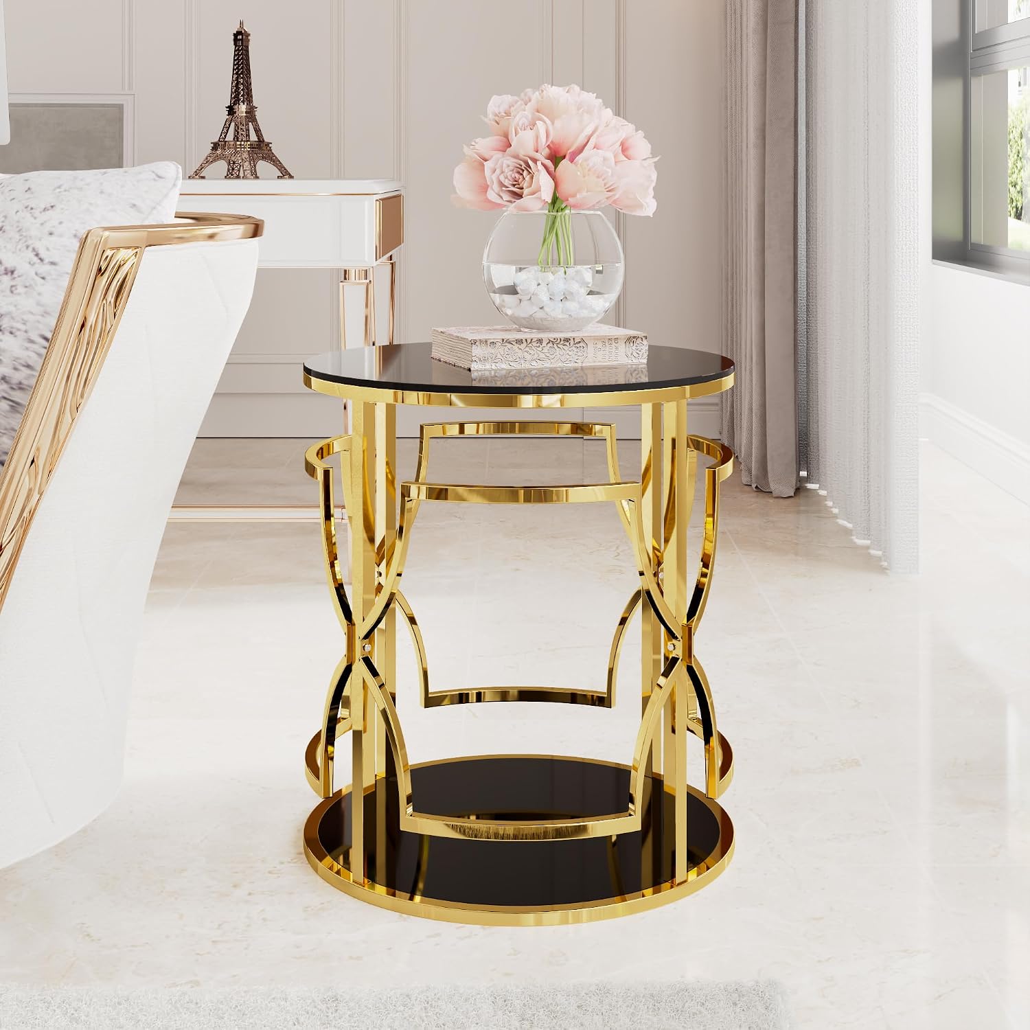 Merax 19.7" Round Gold Metal Side Table with Tempered Glass Top & 2-Tier Storage Shelf, Modern Coffee Table Glam End Table for Living Room, Bedroom, Sofa Side, Small Space, Black