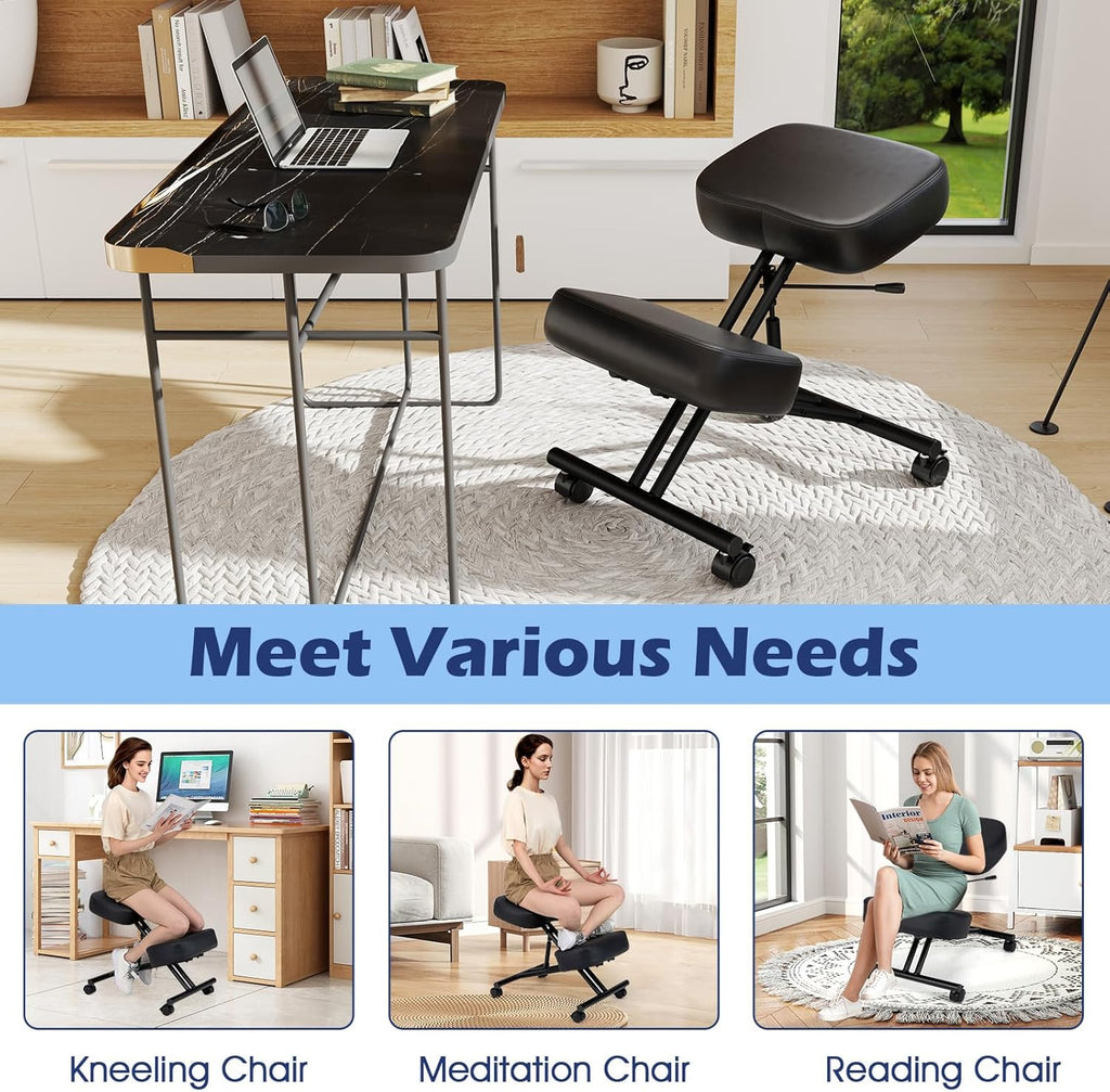Giantex Ergonomic Kneeling Chair for Office, Knee Stool Chair w/Adjustable Height and Seat Angle to Relieve Pain, Posture Desk Chair w/Lockable Universal Wheels, Thick Padded Cushions, Black (1)