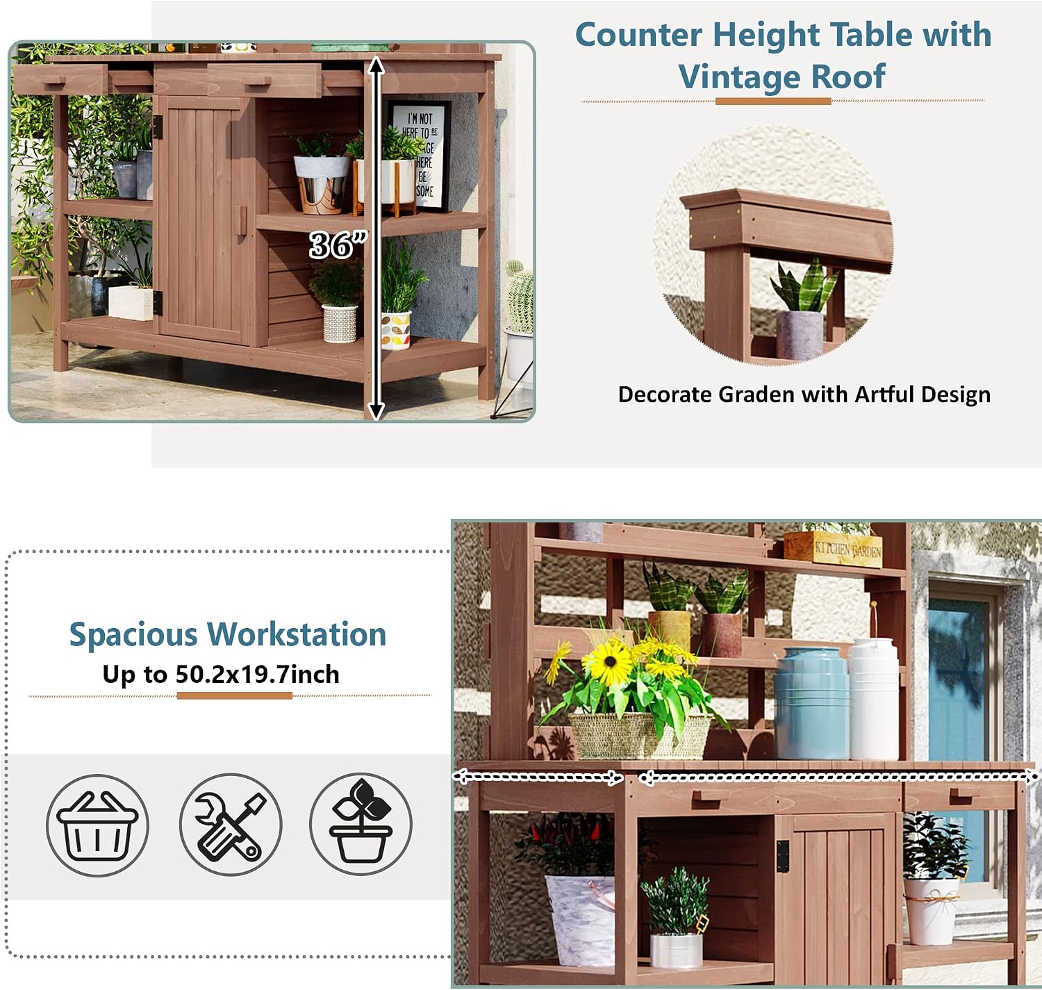 Polibi Potting Bench Table with 4 Open Shelves and 2 Drawers, 66" Large Farmhouse Wooden Outdoor Patio Workstation, Garden Potting Bench with Cabinet for Backyard, Mudroom (Brown, 66'')