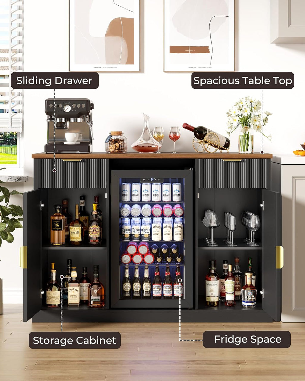 Otterease 55" Large Coffee Bar Cabinet with Fridge Space and Built-in Outlets, Modern Fluted Wine & Liquor Bar Cabinet, Buffet Sideboard Storage Cabinet for Living Room, Dining Room or Home Bar, Black