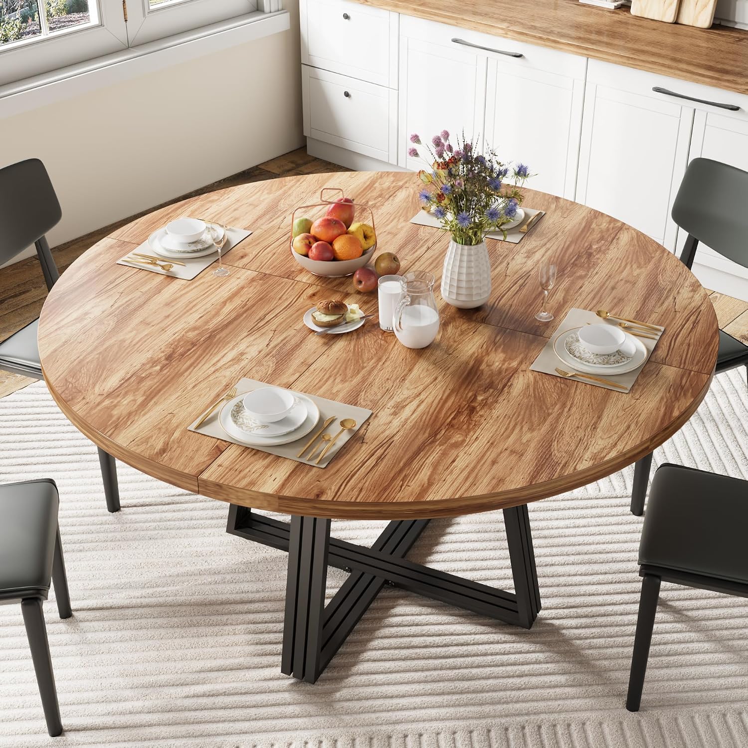 Garvee 47" Inch Round Dining Table for 4, Farmhouse Dining Room Circle Dinner Table,Space Saving Wood Kitchen & Dining Room Furniture, Round Tables with Storage and Metal Square Legs, Brown