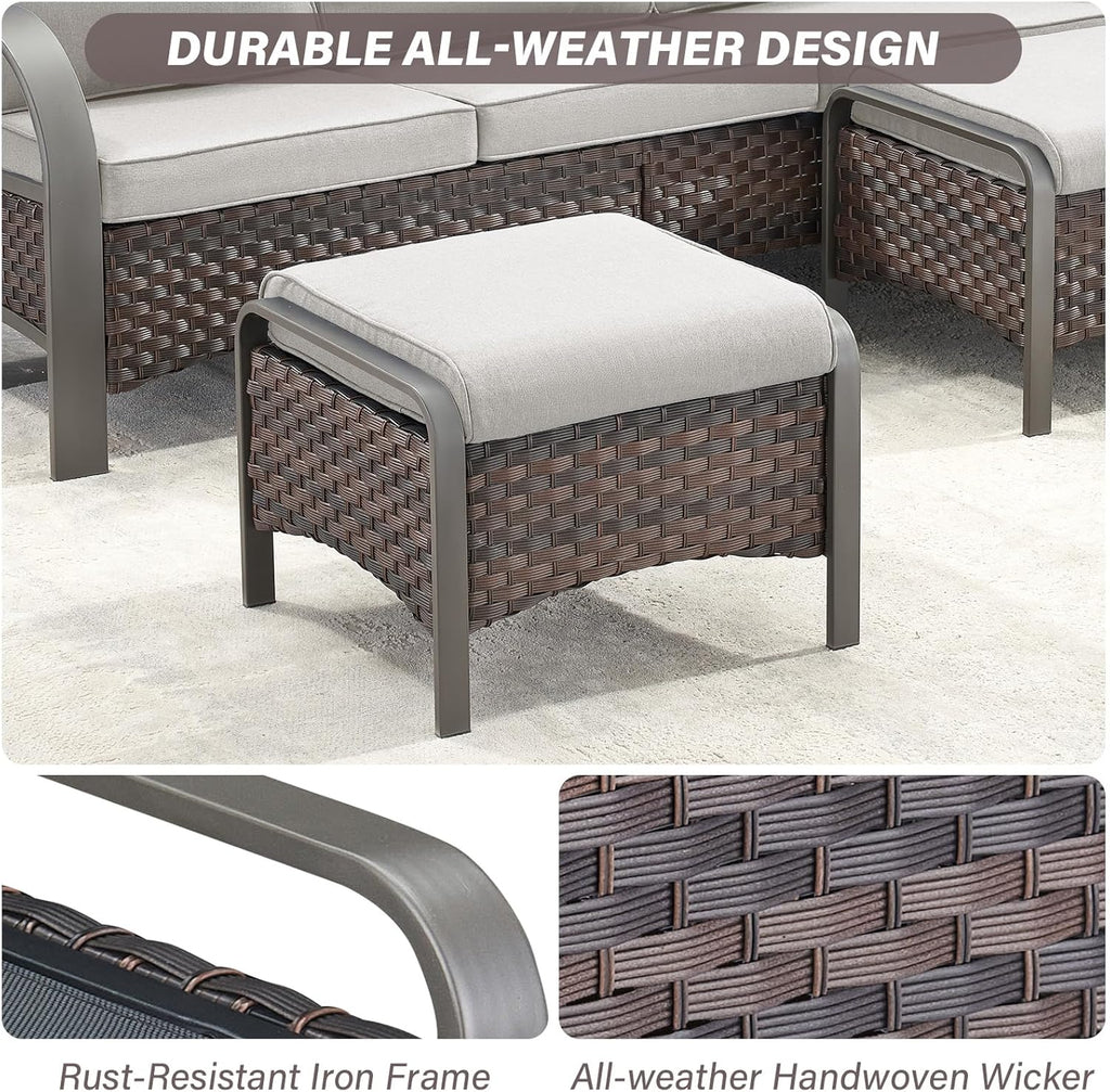Belord Outdoor Ottomans for Patio - 250 LBS Weight Capacity PE Wicker Foot Rest Ottoman Set of 2 with Metal Frame Multipurpose Outdoor Foot Stool for Porch Balcony Backyard Brown