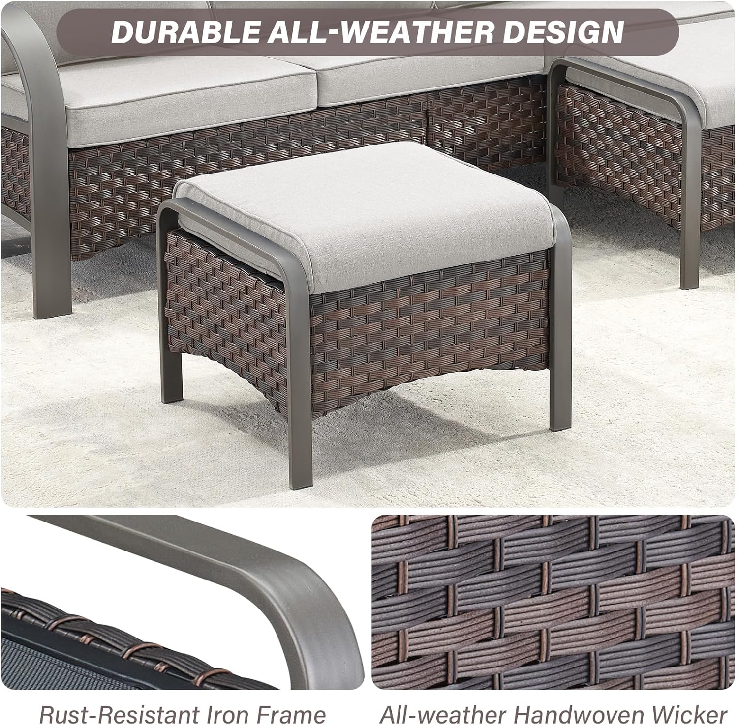 Belord Outdoor Ottomans for Patio - 250 LBS Weight Capacity PE Wicker Foot Rest Ottoman Set of 2 with Metal Frame Multipurpose Outdoor Foot Stool for Porch Balcony Backyard Brown