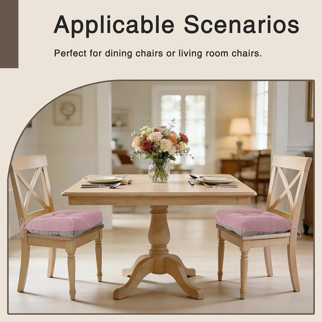 OVOV Dining Chair Cushions Set of 2 Soft Non-Slip Kitchen Chair Pads Tufted Seat Cushion with Ties for Kitchen Dining Room(18" x 16.5" x 3" Light Pink)