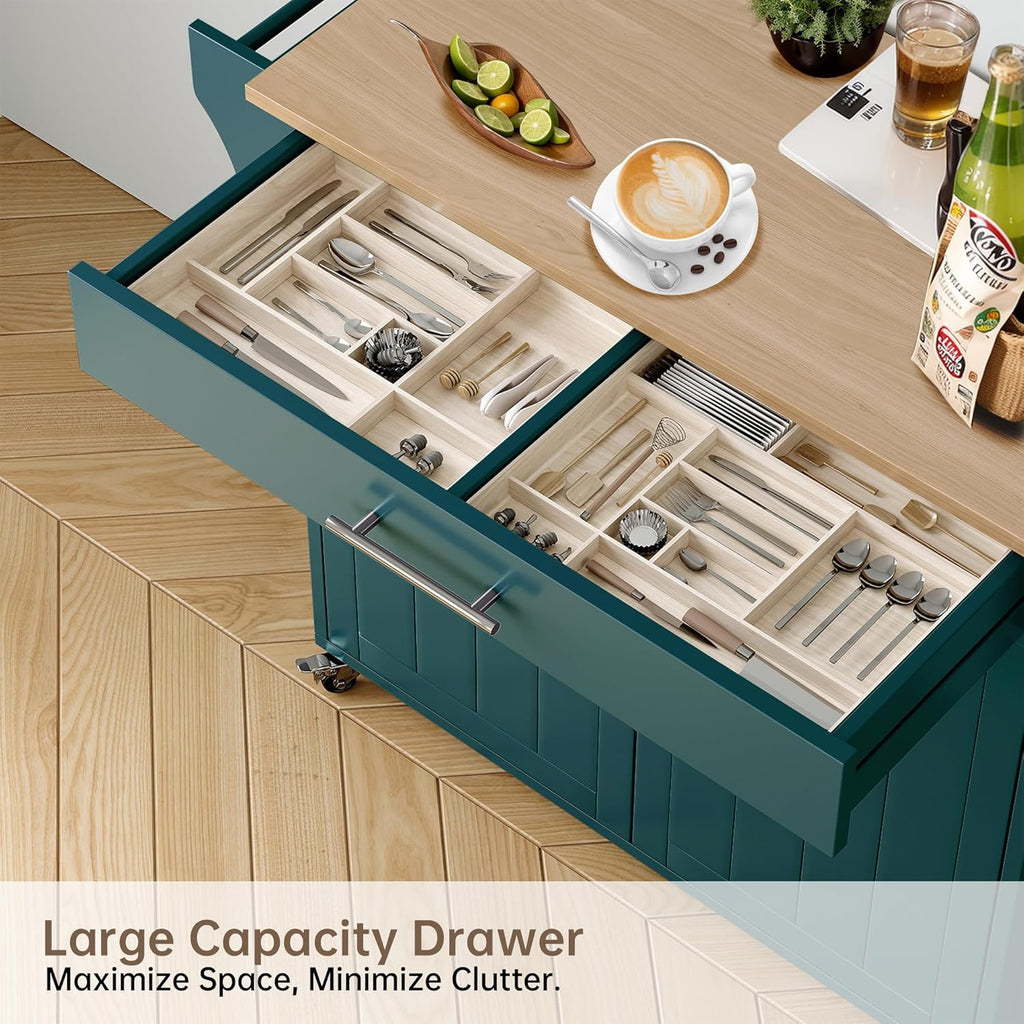 Wood Kitchen Island with Storage, Rolling Kitchen Island On Wheels, Mobile Island Trolley Cart Sideboard Cabinet with Towel Rack, Spice Rack, Adjustable Shelf, Wooden Top & Large Drawer, Dark Green