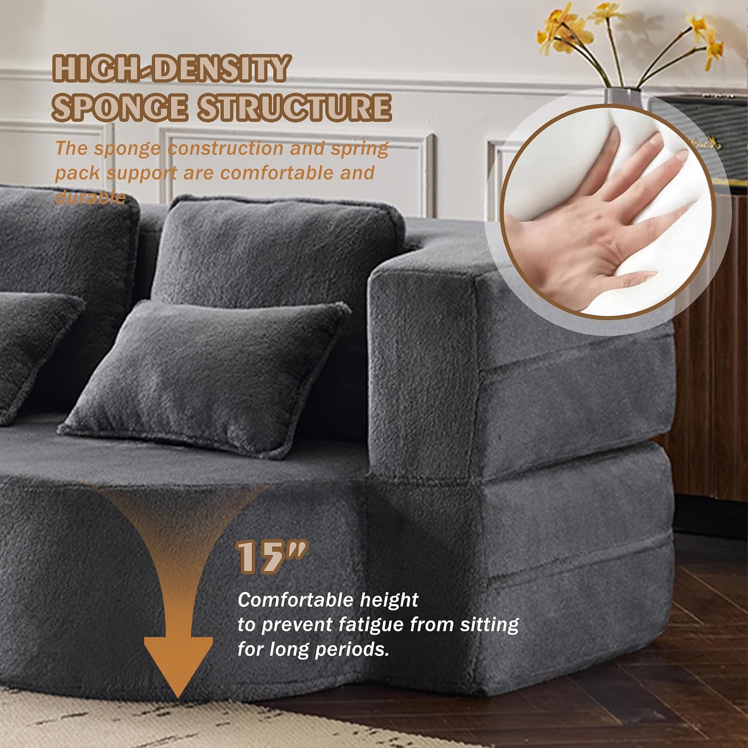 78" Plush Fabric Folding Floor Sofa Couch Bed,Convertible Folding Sofa Bed, Full Size Love Seat Sleeper Bed with 4 Pillows for Living Room Apartment Office (Plush Fabric+Gray)