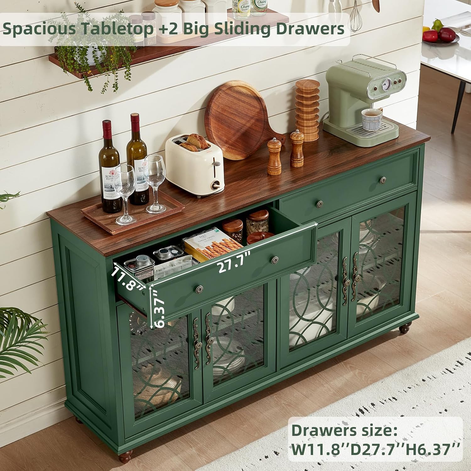 Joaxswe Farmhouse Sideboard Buffet Cabinet with Storage,Adjustable Shelves Console Table,59" Large Credenza with 4 Glass Doors & 2 Drawers,Wood Kitchen Coffee Bar for Dining Room,Living Room,Green