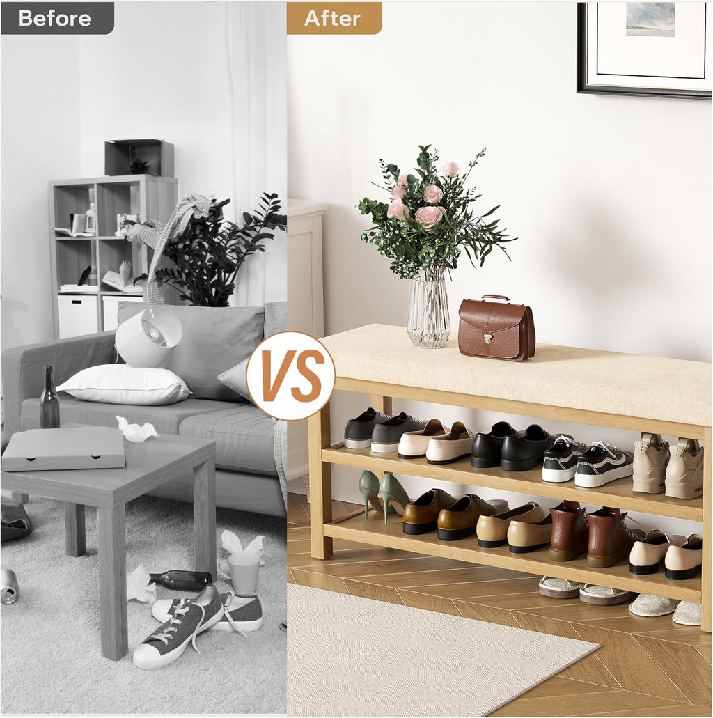 2 Tier Shoe Rack Bench with Cushion, Rubberwood Shoe Benches, Mid-Century Modern Shoe Storage Bench for Entryway, Hallway, Living Room, Closet, Front Door Entrance, Light Brown