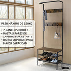 Amig - Lukïen Standing Coat Rack with Shoe Rack - Industrial Style Bench - 183 x 66 x 32.5 cm - Metal and Wood - Black and Brown - Donkey for Hallway or Entrance Rustic Style