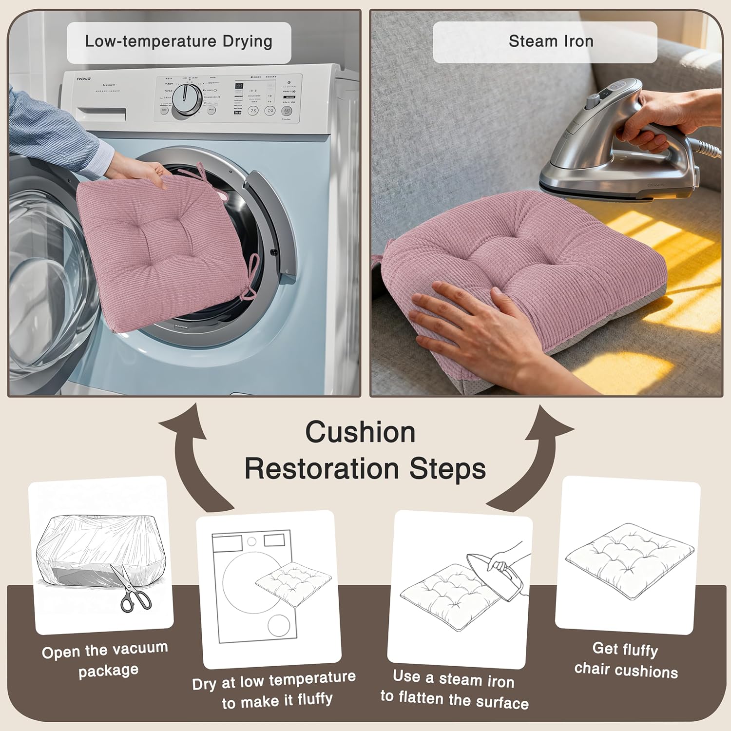 OVOV Dining Chair Cushions Set of 2 Soft Non-Slip Kitchen Chair Pads Tufted Seat Cushion with Ties for Kitchen Dining Room(18" x 16.5" x 3" Light Pink)