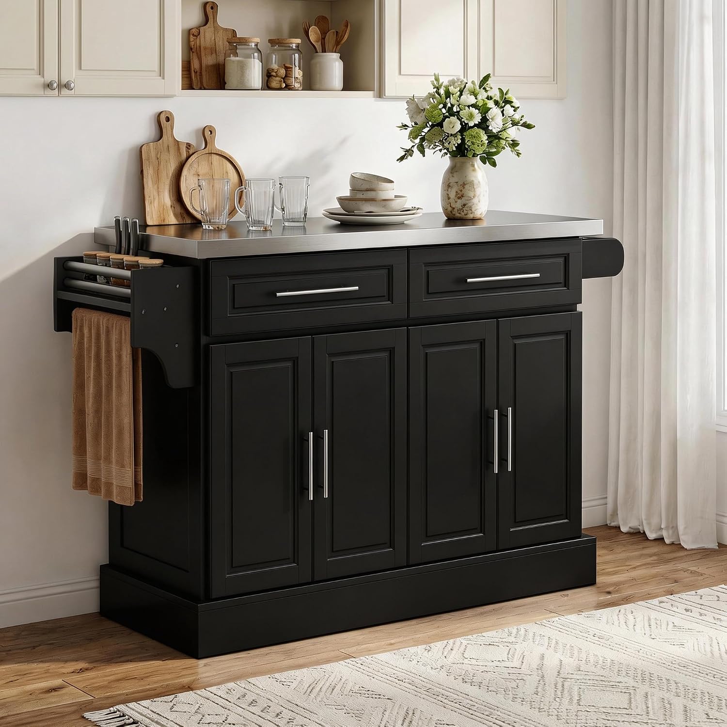 HOMCOM Rolling Kitchen Island Cart with 47" Stainless Steel Top Black | Portable Island Table for Kitchen, Wheels, Adjustable Shelves, 2 Drawers, Spice, Knife and Towel Rack