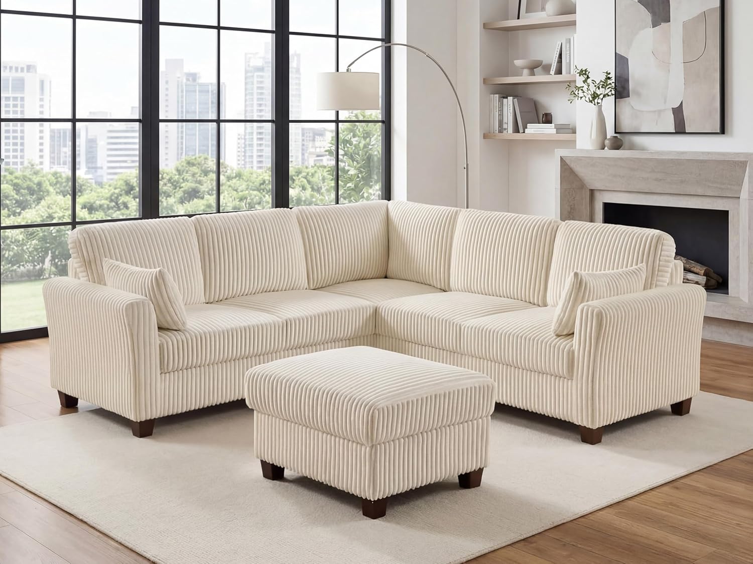 VANOMi Sectional Corner Couch, Corduroy L Shaped Sofa with Storage Ottoman,V Shaped Sectional Sofa, Corner 6-Seat Upholstered Couch with Chaise,Beige