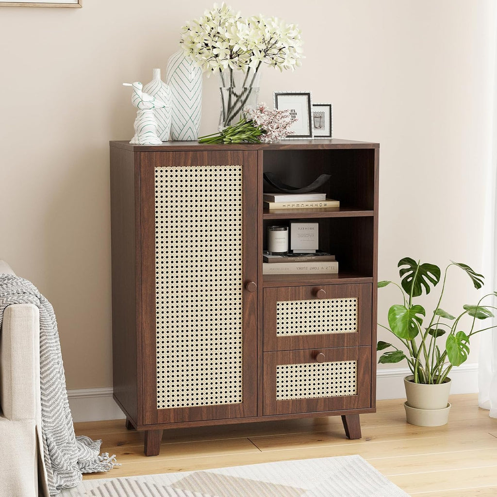 Farini Side Buffet Cabinet with Rattan Doors,Kitchen Sideboard with 2 Drawers Coffee Bar Storage Console Table,Walnut,27.6 inch