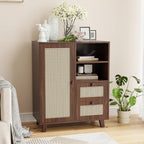 Farini Side Buffet Cabinet with Rattan Doors,Kitchen Sideboard with 2 Drawers Coffee Bar Storage Console Table,Walnut,27.6 inch
