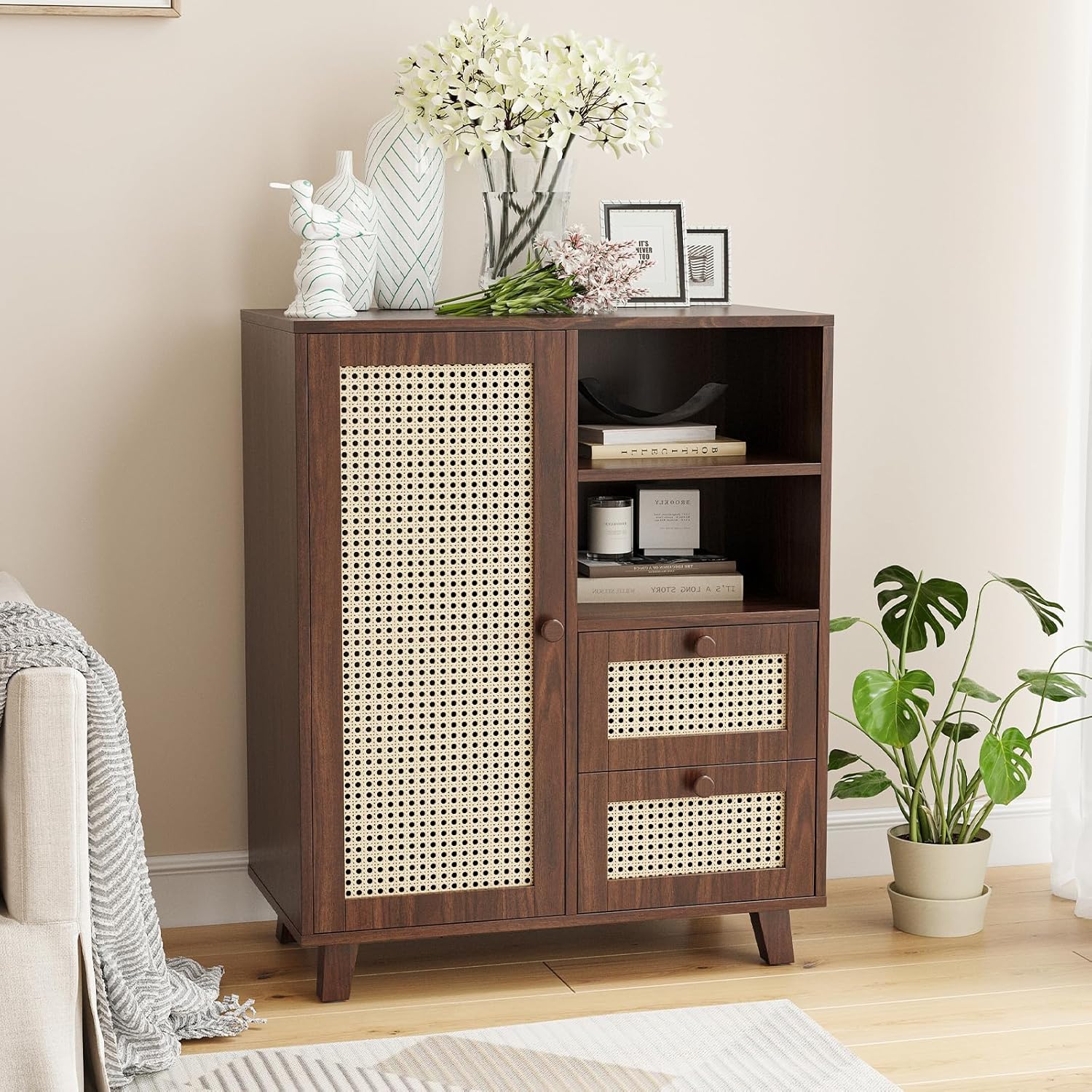 Farini Side Buffet Cabinet with Rattan Doors,Kitchen Sideboard with 2 Drawers Coffee Bar Storage Console Table,Walnut,27.6 inch