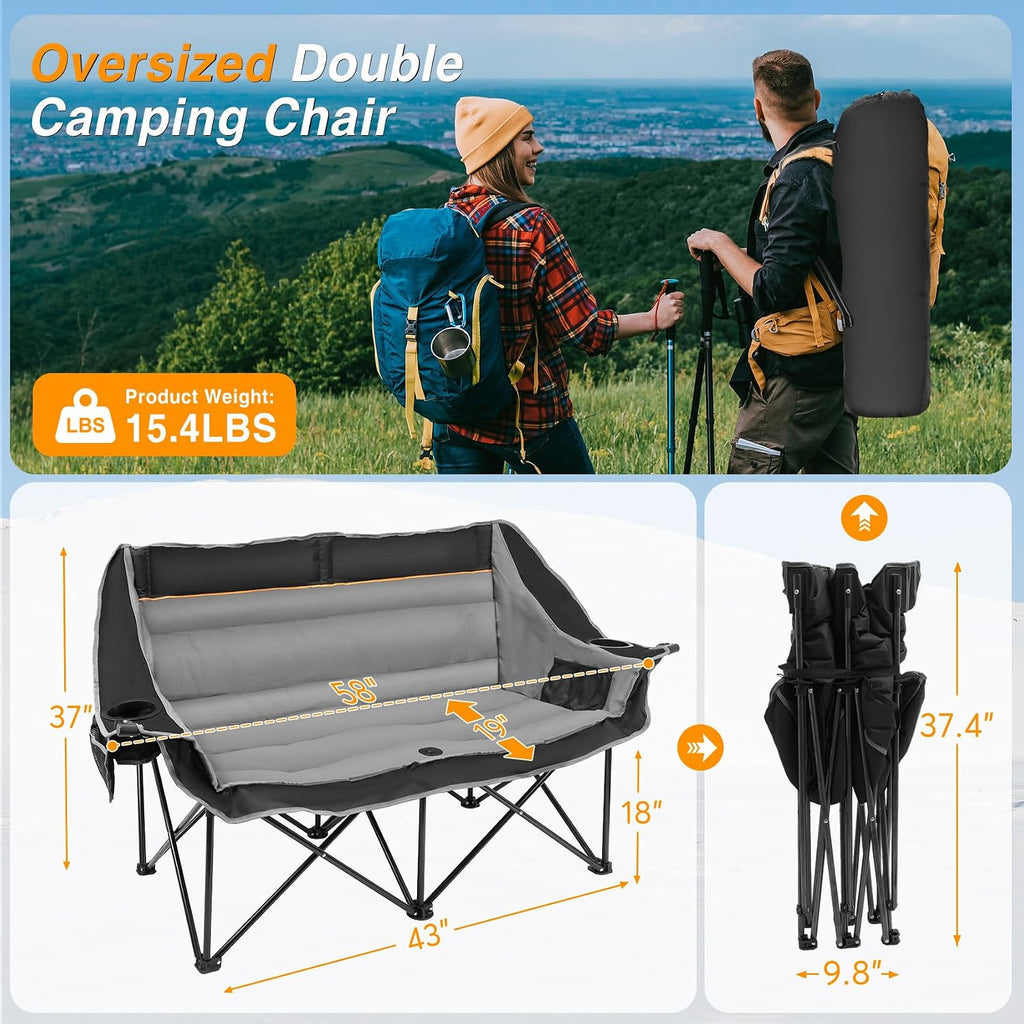Suteck Double Camping Chair, 660lbs Oversized Camping Couch w/Independent Seats, Folding Camping Loveseat w/2 Cup & Wine Glass Holders, 1200D Oxford, Side Pocket & Carry Bag, for Camping, Lawn, Patio