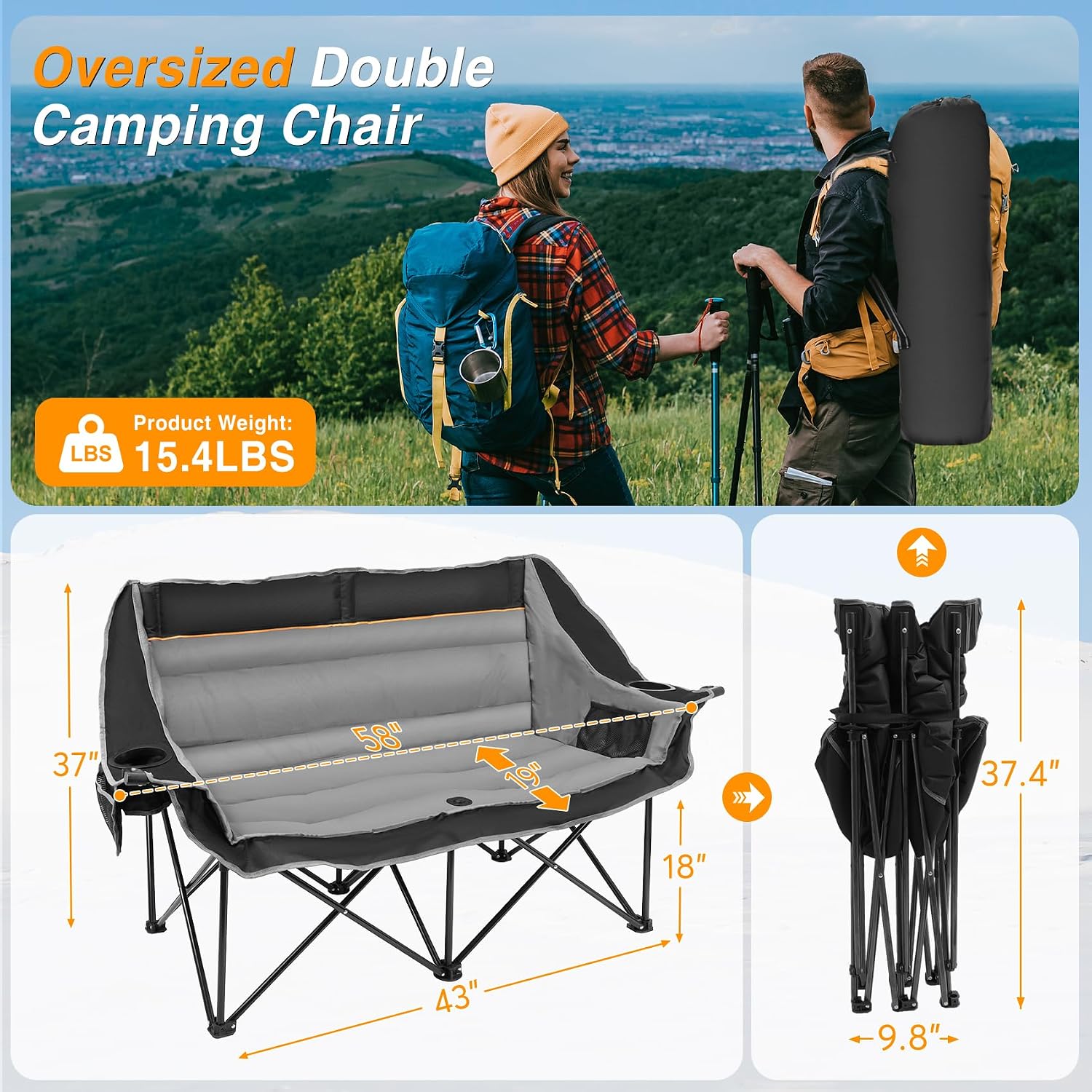 Suteck Double Camping Chair, 660lbs Oversized Camping Couch w/Independent Seats, Folding Camping Loveseat w/2 Cup & Wine Glass Holders, 1200D Oxford, Side Pocket & Carry Bag, for Camping, Lawn, Patio