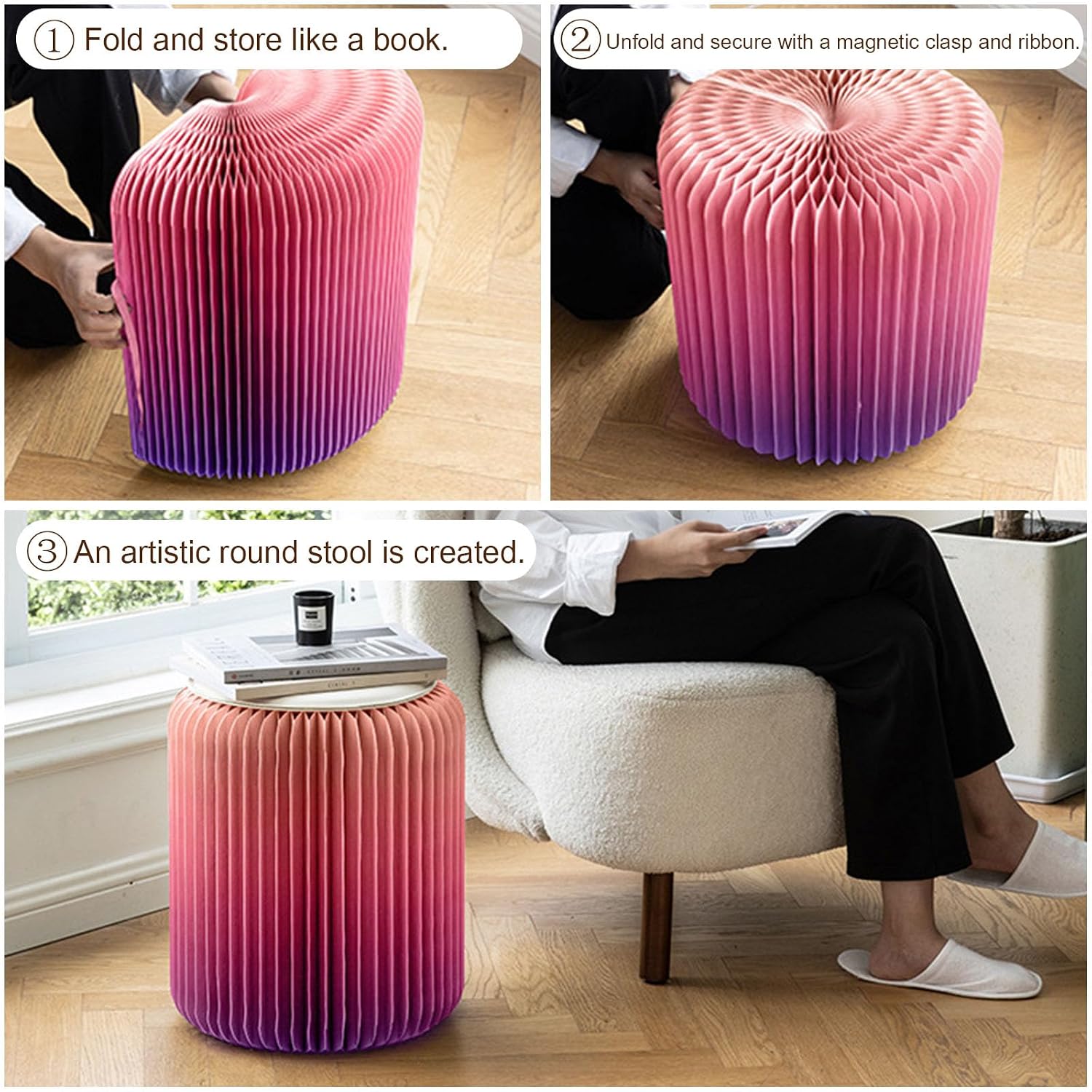 Portable Paper Folding Stool - Artistic Style Folding Paper Stool Sofa - Kraft Paper Honeycomb Structure Strong Load-Bearing Capacity - Shoe Bench, Side Table, Bedside Table,B,H:44CM/17IN