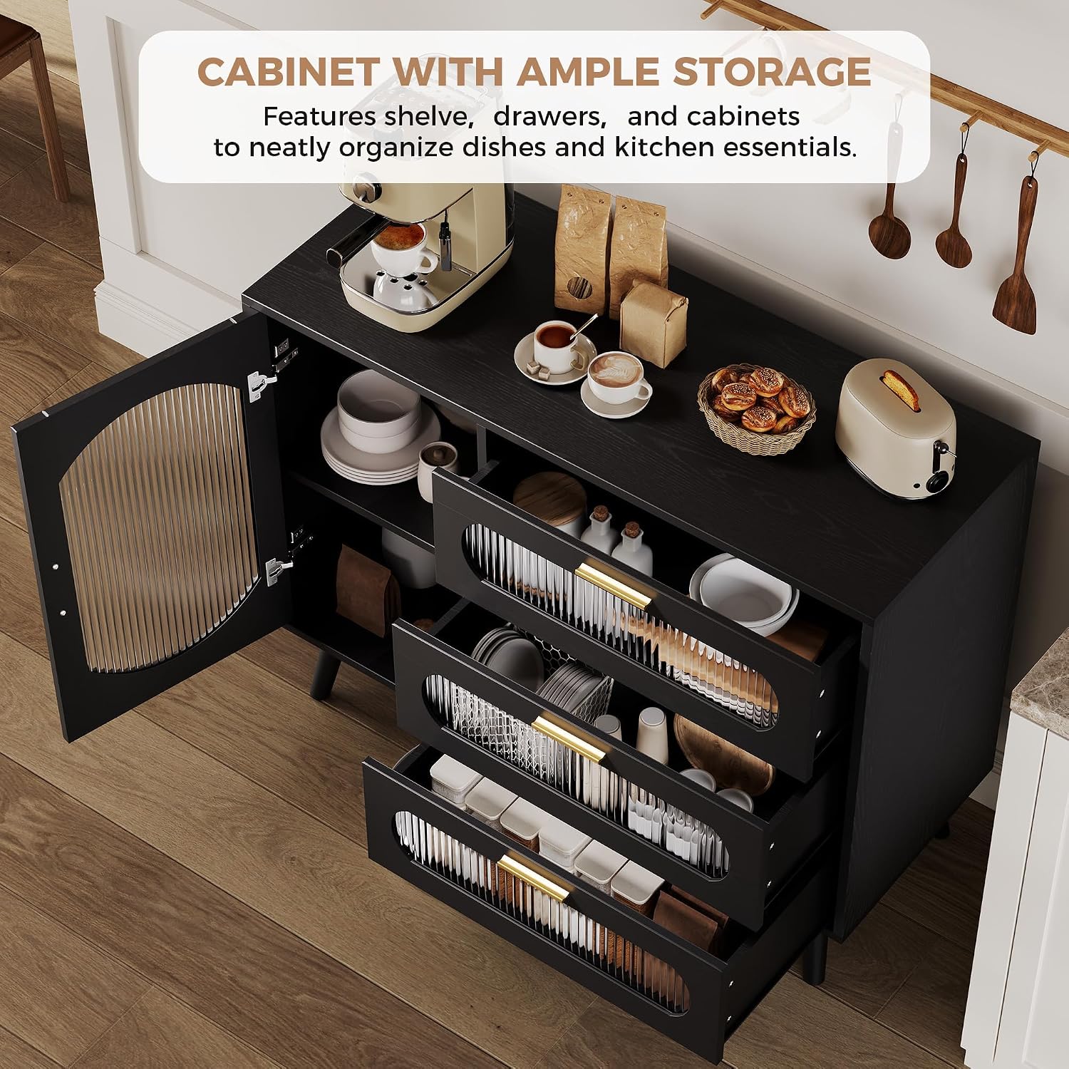 GarveeHome 39.4'' Modern Buffet Cabinet with Storage, Black Sideboard with Fluted Glass Door, 3 Drawers and Adjustable Shelf, Console Table for Kitchen, Dining Room, Living Room