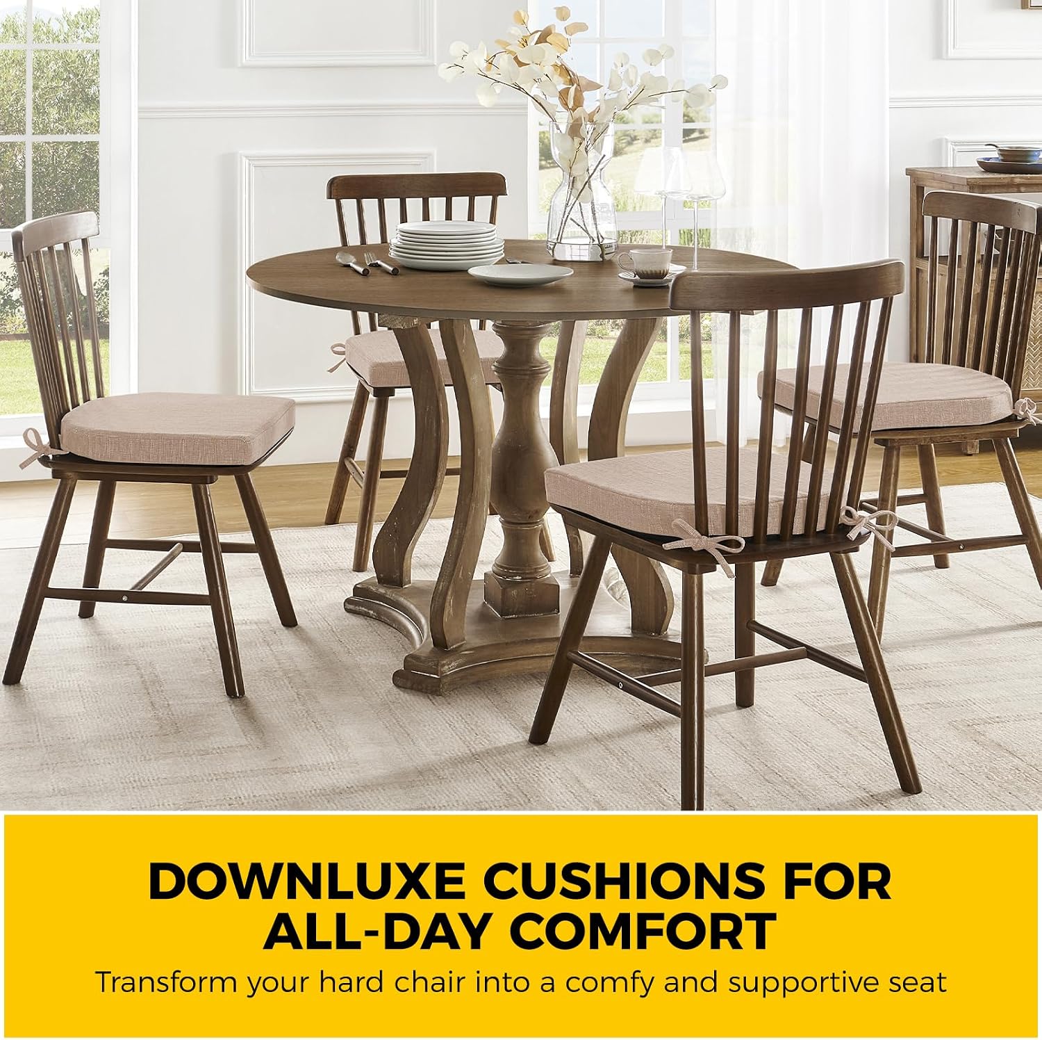 downluxe Indoor Chair Cushions for Dining Chairs,Kitchen Chair Pads with Ties and Non-Slip Backing, 16" x 16" x 2", Oatmeal Beige, 6 Pack