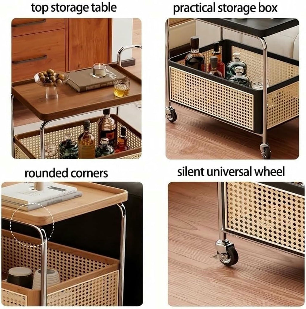 Rattan Side Table with Wheels Rolling 2-Layer Coffee Table Storage End Table Rattan Basket Wood Frame for Living Room Bedroom Long Lasting