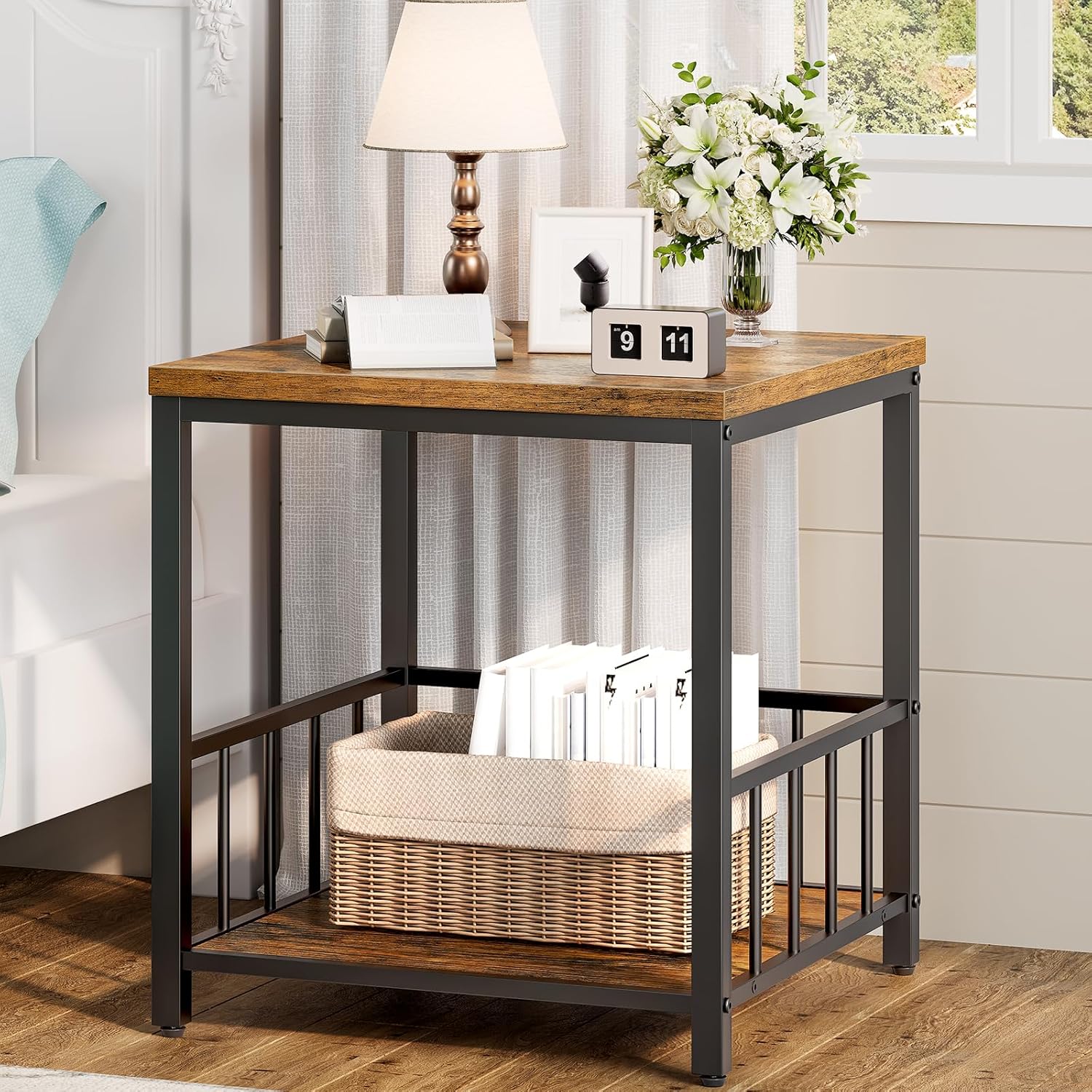 RALGEND End Table, Mini Fridge Stand with Storage, 20" Mini Fridge Cabinet with 2-Tier Storage Shelves, Mini Fridge Table Adjustable Feet, for Kitchen, Living Room, Rustic Brown and Black 5001RSBF