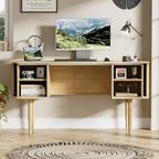 Furniway 55" Modern Writing Desk with Sliding Doors, Wood Home Office Desk with Storage, Computer Desk for Study, Living Room, Dorm, Natural
