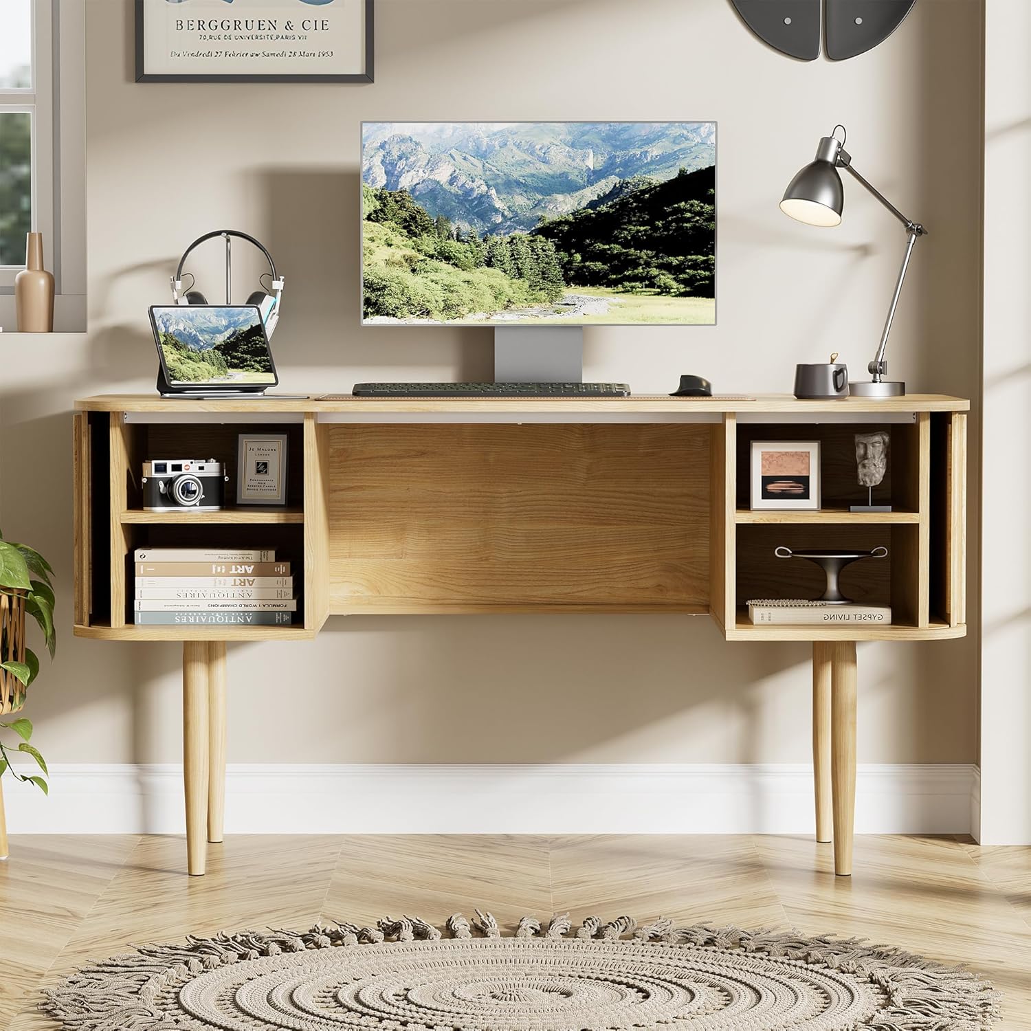 Furniway 55" Modern Writing Desk with Sliding Doors, Wood Home Office Desk with Storage, Computer Desk for Study, Living Room, Dorm, Natural