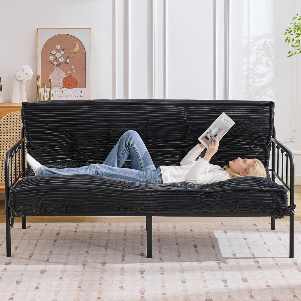 8" Futon Mattress Queen Size,Foldable Futon Sofa Couch Bed Twisted Rope Design Edging,Floor Mattress Thick Density Shredded Foam(Frame Not Included),Sleeping Pad for Guest Bedroom Living,Black