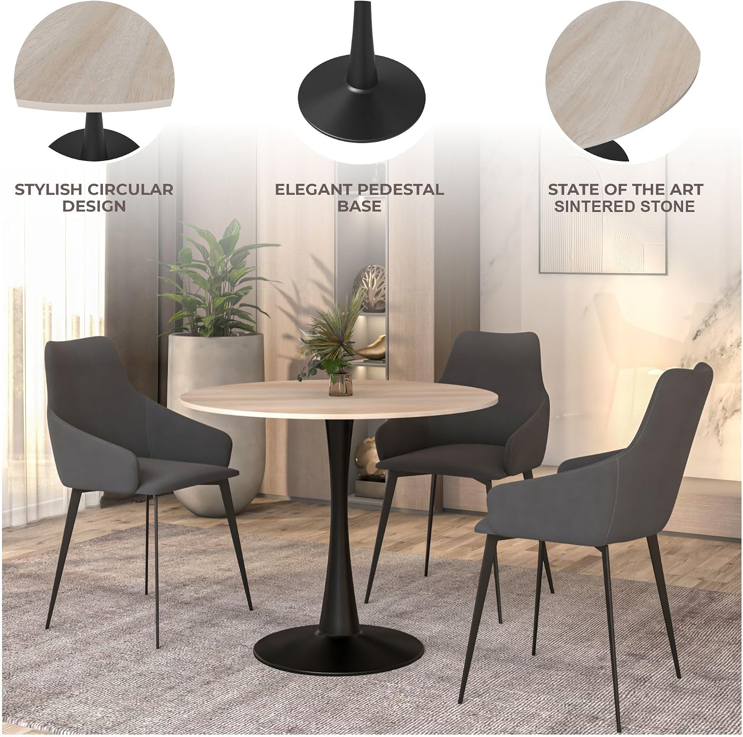 LeisureMod 35" Round Dining Table with Sintered Stone Top – Modern Black Pedestal Base Mid-Century Café Table for Kitchen & Dining Room