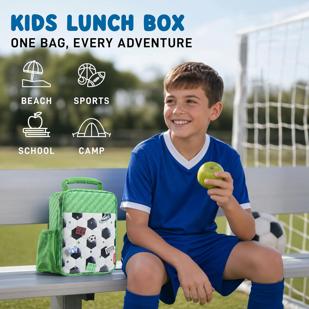 Fit & Fresh Customizable Charm Lunch Bag for Boys & Girls, Soccer Kids Lunch Box with 6 Sports Charms, Premium Insulated Reusable Lunch Tote for School