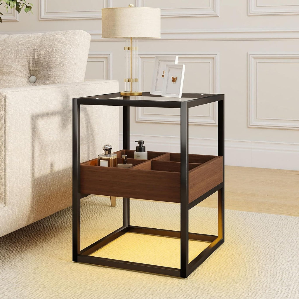 Top Tempered Glass End Table or Nightstand with USB Port and Dimmable Warm Brown COB Strip Light for Living Room & Bedroom﻿ (Brown)