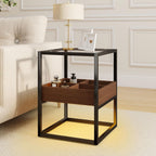 Top Tempered Glass End Table or Nightstand with USB Port and Dimmable Warm Brown COB Strip Light for Living Room & Bedroom﻿ (Brown)