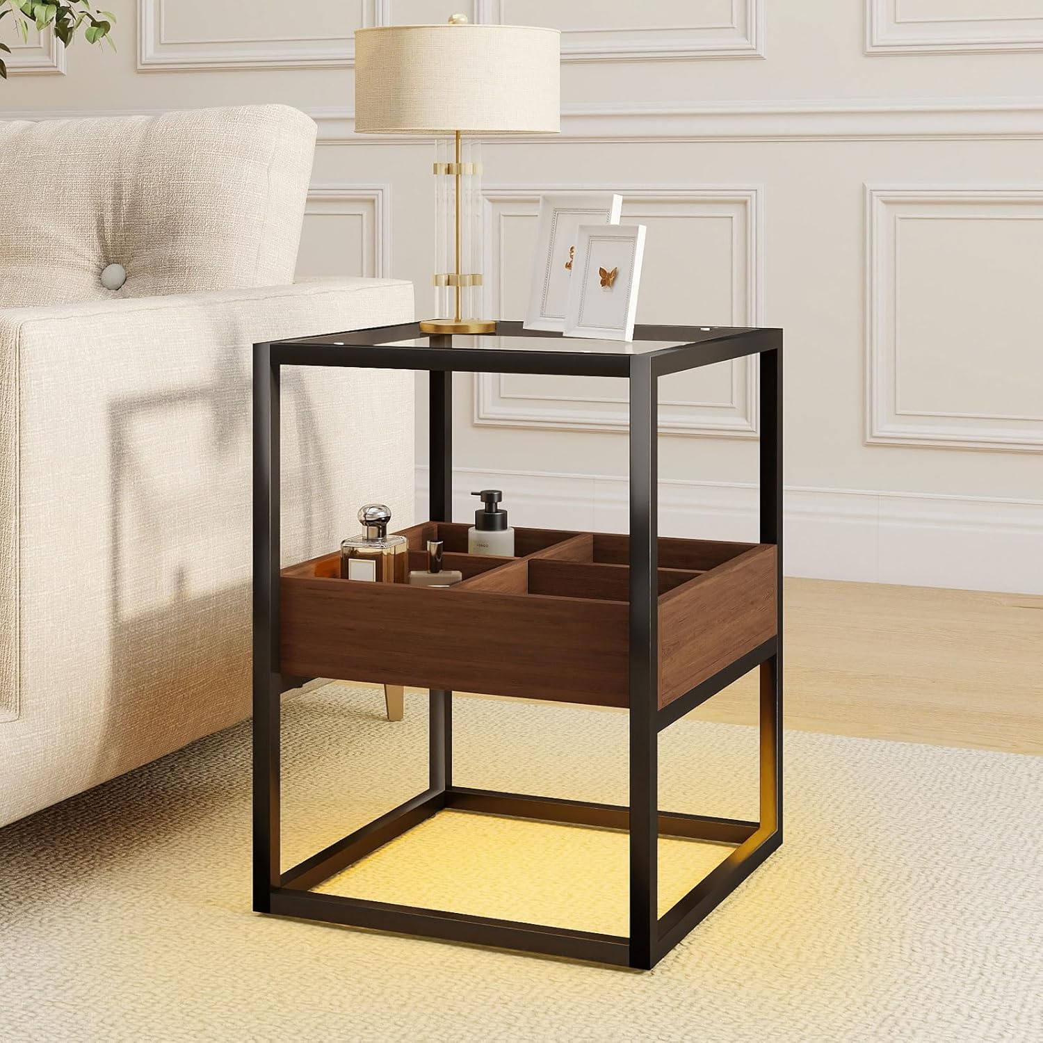 Top Tempered Glass End Table or Nightstand with USB Port and Dimmable Warm Brown COB Strip Light for Living Room & Bedroom﻿ (Brown)