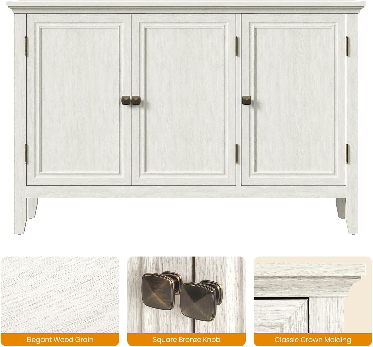 RoyalCraft Buffet Cabinet with Storage, Mid Century Modern Sideboard with 3 Doors, Wood Credenza Coffee Bar Cabinet, Console Table for Dining Room, Living Room, Kitchen, Hallway, Grayish-White