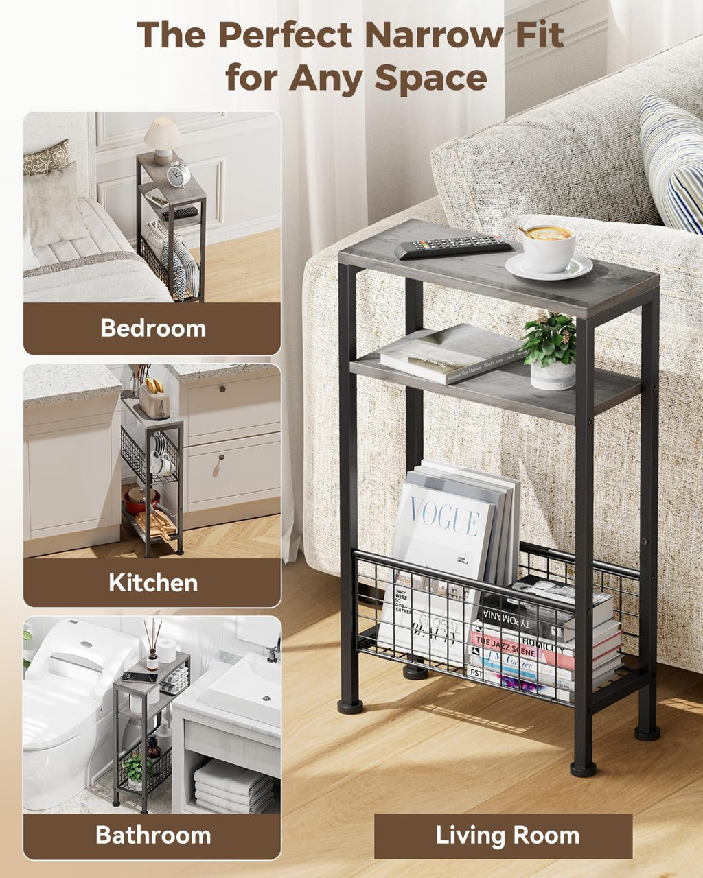 Karii Narrow Side Table, Skinny End Table for Small Spaces with Storage, 3-Tier Slim Wooden Bedside Nightstand Thin Couch Table for Living Room Bedroom Office Dorm Kitchen Bathroom (1, Gray)