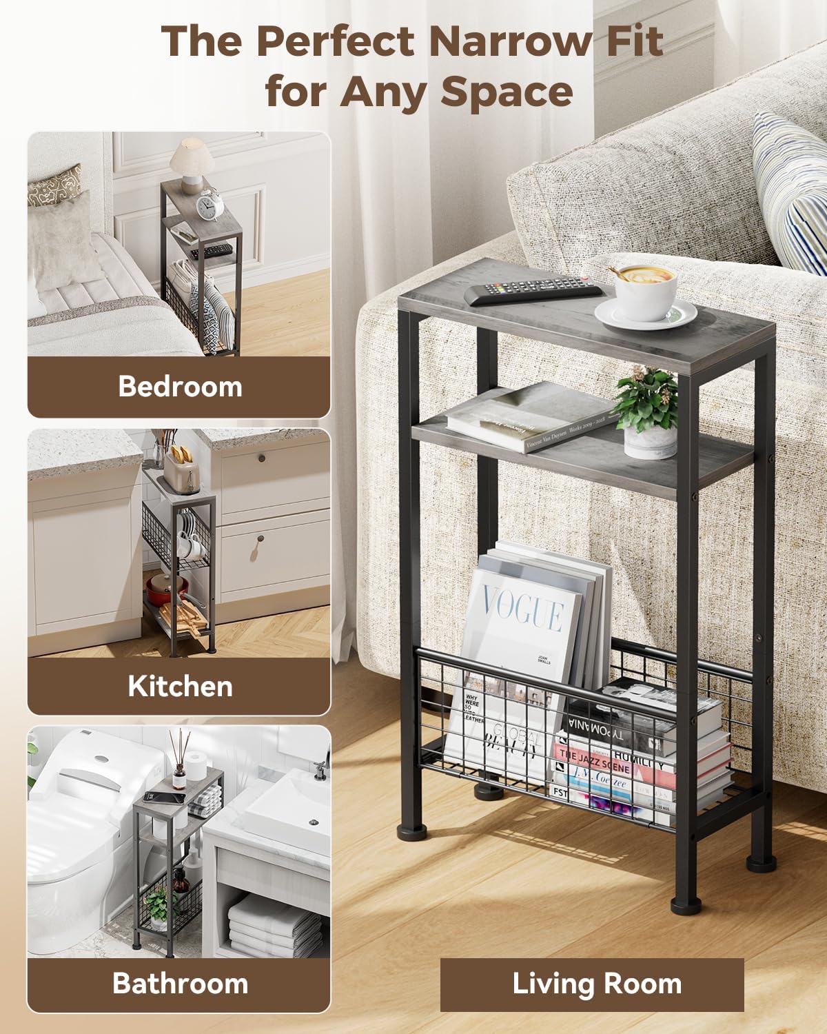 Karii Narrow Side Table, Skinny End Table for Small Spaces with Storage, 3-Tier Slim Wooden Bedside Nightstand Thin Couch Table for Living Room Bedroom Office Dorm Kitchen Bathroom (1, Gray)