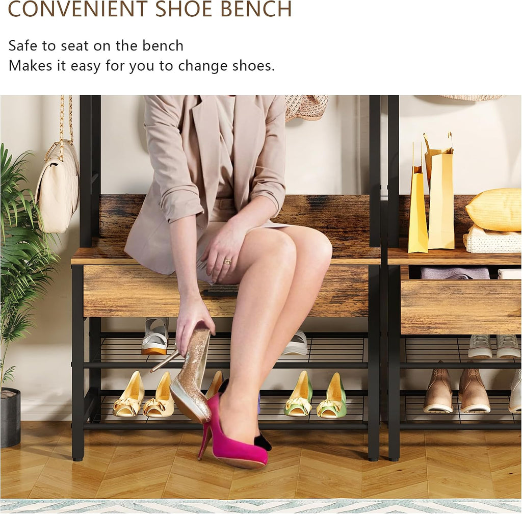 Recaceik Hall Tree with Bench and Shoe Storage, Entryway Coat Rack with Shoe Bench, Industrial Hall Tree with Drawers and 12 Hooks for Bedroom, Living Room