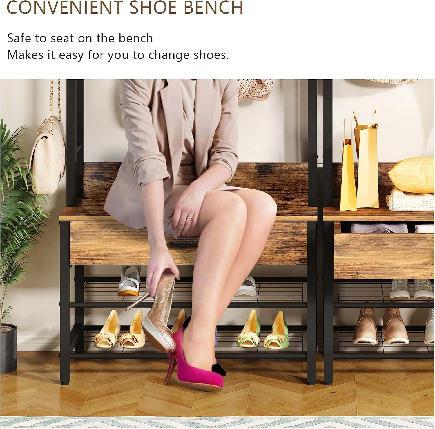 Recaceik Hall Tree with Bench and Shoe Storage, Entryway Coat Rack with Shoe Bench, Industrial Hall Tree with Drawers and 12 Hooks for Bedroom, Living Room