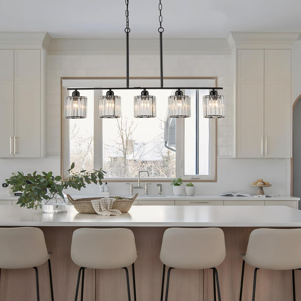 36" Black Chandeliers for Dining Room Light Fixtures over Table, 5-Light Black Linear Farmhouse Pendant Lights Kitchen Island Lighting, Adjustable Island Lights for Kitchen with K9 Cystal Shades E26