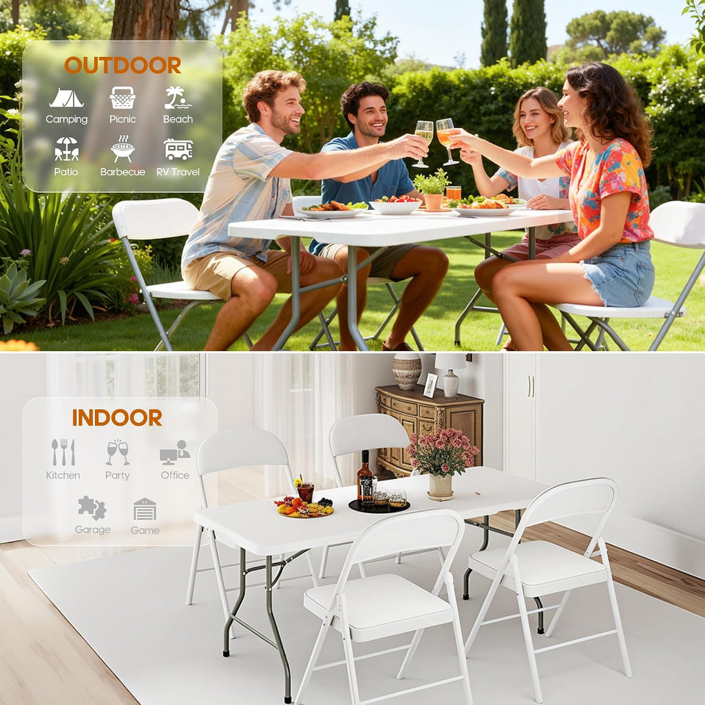 SKONYON 6ft Folding Table Heavy Duty 350 LBS Foldable Table with 18% Thicker HDPE Top Reinforced Steel Frame Portable Fold-in-Half Table Under 22 lbs for Outdoor Indoor Party Wedding Camping White