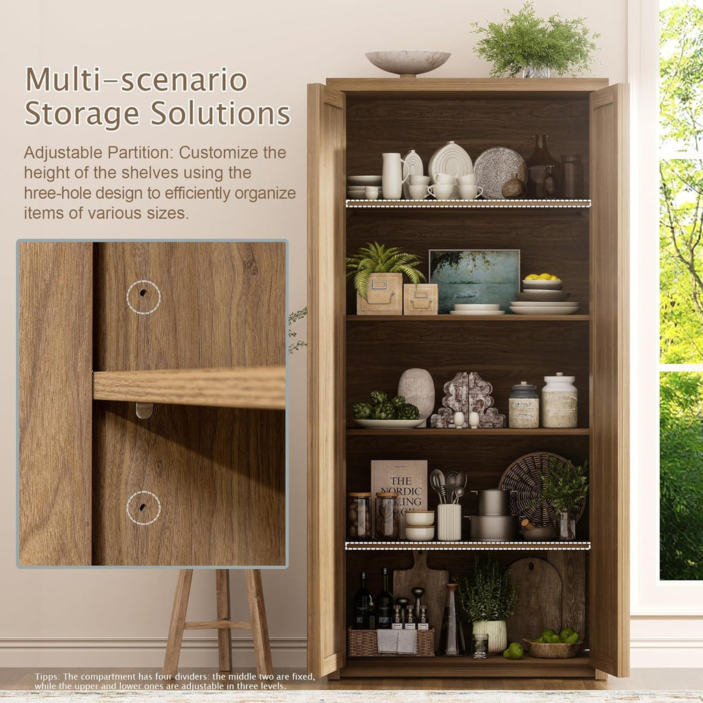 Yechen 67" Tall Kitchen Pantry Cabinet, Rattan Storage Cabinet with Solid Wood Integrated Handleand Adjustable Shelves, Cupboard with Doors for Livingroom, Bathroom,Dining Room, Natural Walnut